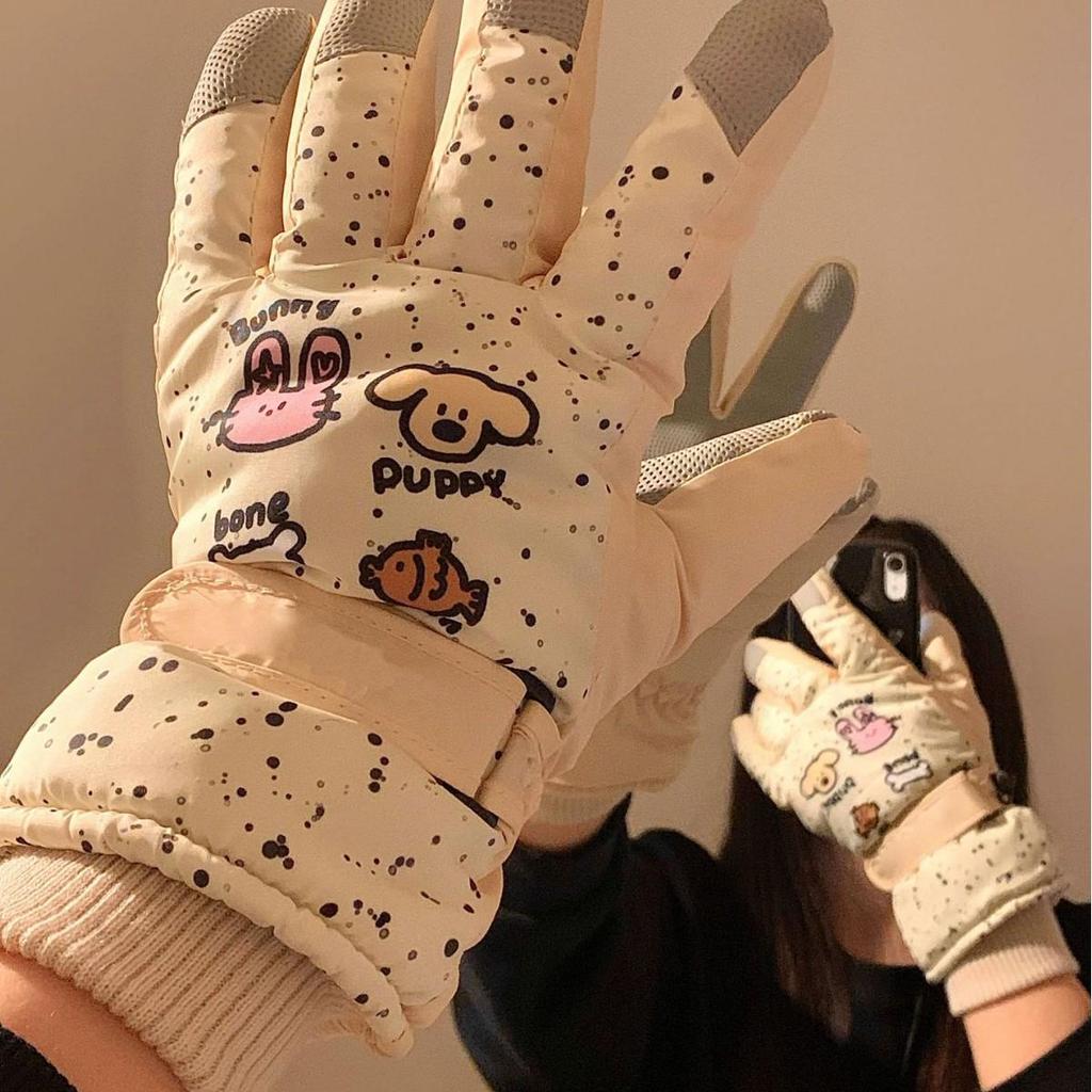 Dámské teplé lyžařské rukavice pro dotykové displeje - s sametovou podšívkou, voděodolné, s ochranou všech prstů pro cyklistiku a jízdu.