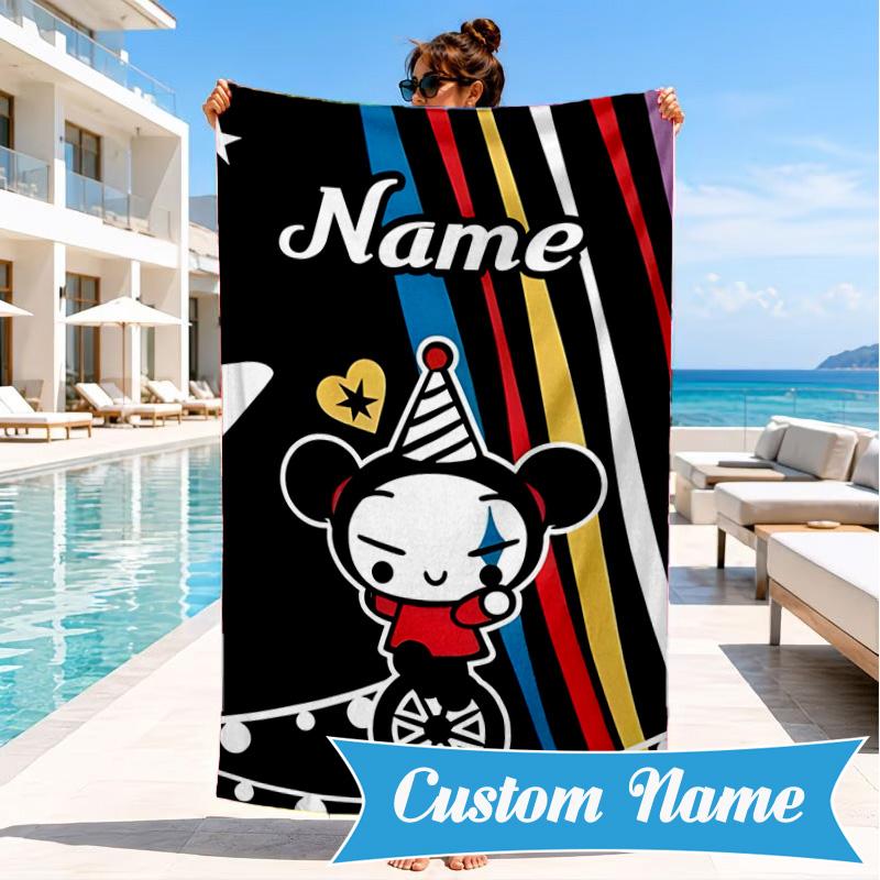 Custom Name Heartfelt Pucca Moment Beach Towel Microfiber Beach Towel, Lightweight and Quick-Dry, for Summer Travel, Swimming Pool Gift