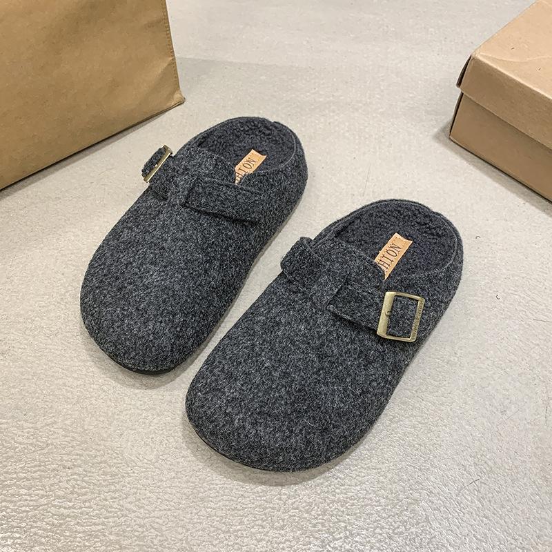 Retro Boken Shoes Fluffy Slippers Women's Outer Wear 2025 New Autumn and Winter One-pedal Velvet Cotton Slippers Bag Head Half Drag