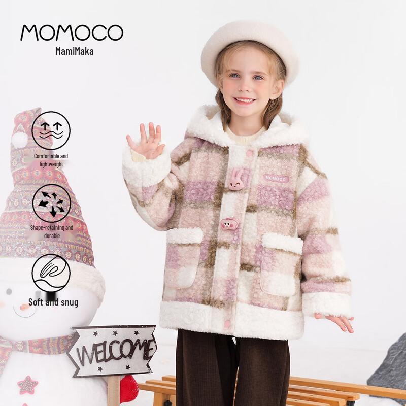 MOMOCO Girl s Winter Fluffy Plaid Hooded Jacket 140