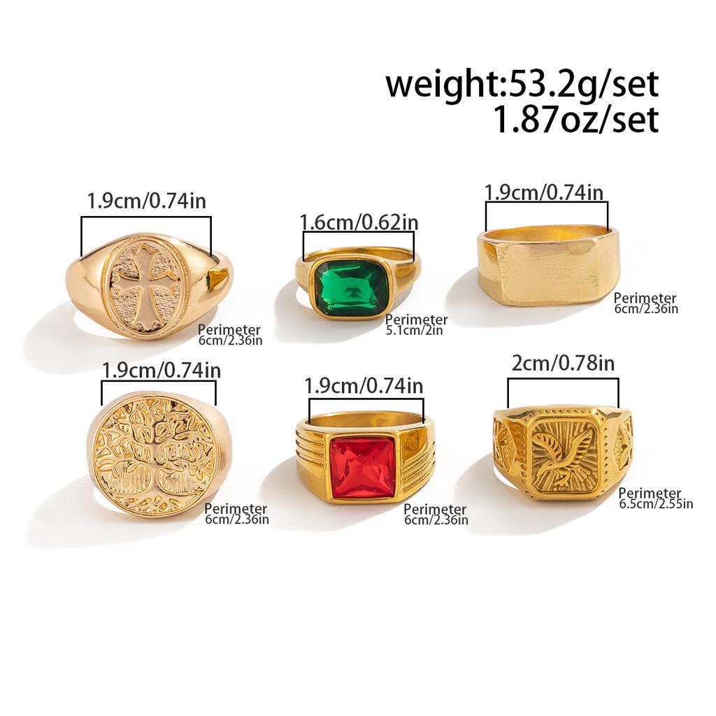 Salircon 6Pcs/Set Retro Gold Color Signet Chunky Rings Men Hip Hop Punk Acrylic Rhinestone Finger Ring Party Jewelry Accessory