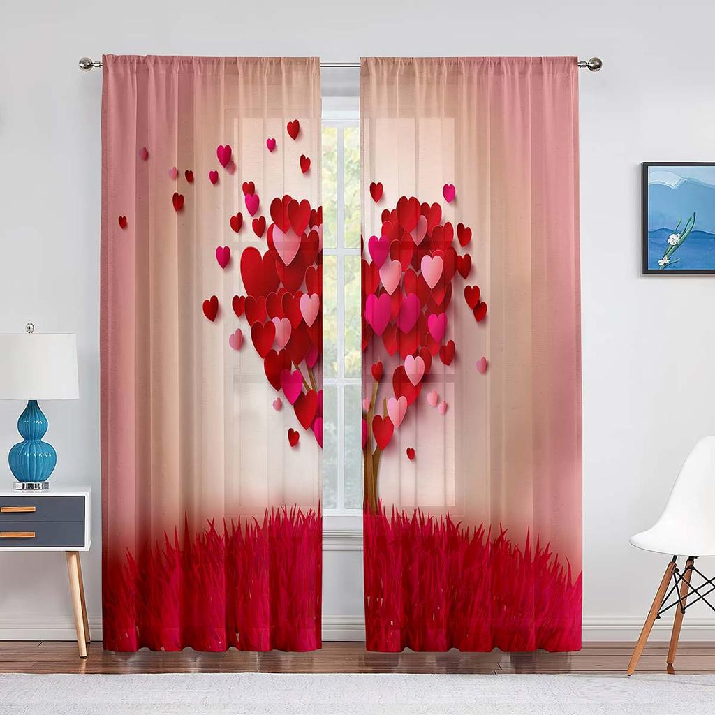 Heißes Pink Liebesherzen Transparenter Voile Vorhang Mädchen Prinzessin Niedlich Modern Minimalistisch Tüll Vorhänge für Wohnzimmer Schlafzimmer Küche