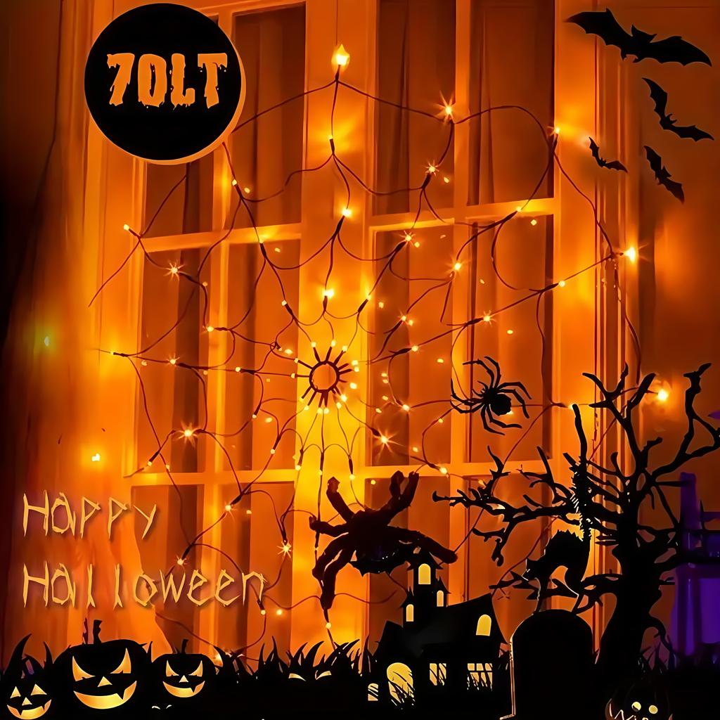 Halloween Spider Web Lights Spider Net LED String Lights with 8 Lamp Mode for Haunted House Halloween Home Window Wall Decor