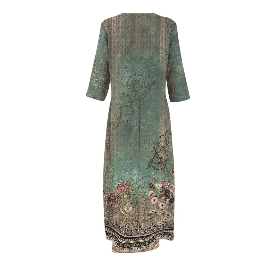 Dresses For Womens Vintage Print Tunic Waisted Midi Dress Summer Casual  3/4 Sleeve Dress
