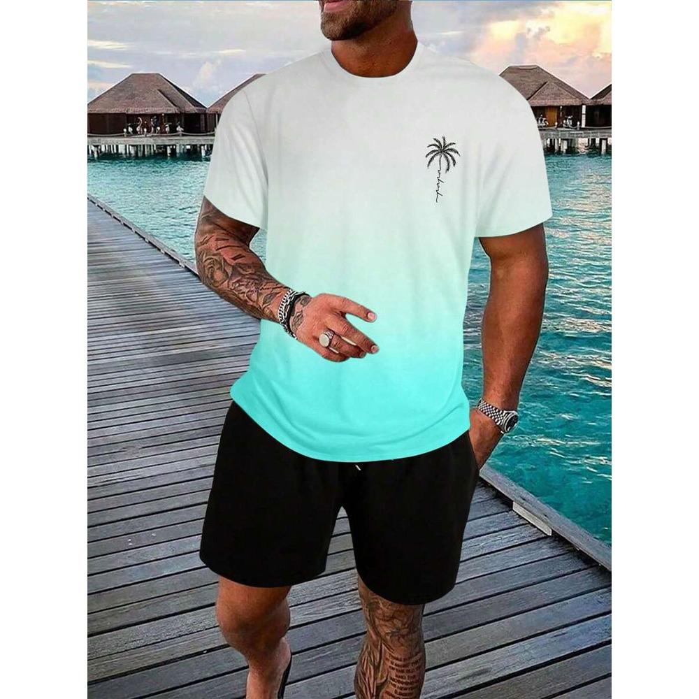 Funny Coconut Tree Gradient Print Men's T Shirt Shorts 2 Piece Outfit Hawaiian Beach Vacation Short Sleeve Sets Summer Clothing