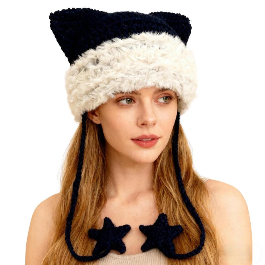 Women's Hand-Knitted Star Striped -Ear Braid Hat With Ear Protectioned, Fashionable And Versatile Cap