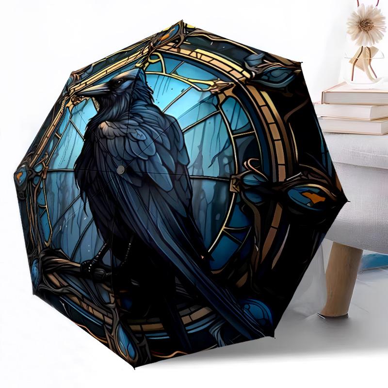 Stained Glass Raven Automatic Umbrella Sturdy 8-Rib Shaft Durable Plastic & Iron for Women/Men Elegant Umbrella Stylish Gift for Women