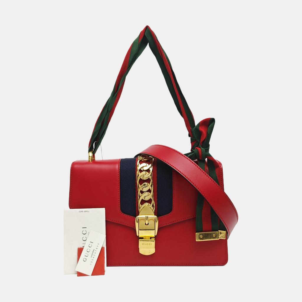 [Pre-Owned] Sylvie Gold Buckle Striped Web Ribbon Bow Wide Shoulder Strap Leather Shoulder Crossbody Handbag Small - Fair #A0MMC6