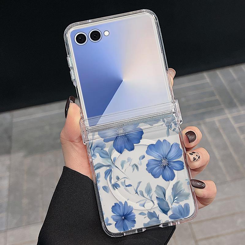 For Samsung Z Flip 7 6 5 4 Case Magnetic For Magsafe Blue and White Flowers Hinged Hard PC Folding Cover For Galaxy Z Flip7 Flip6 Flip5