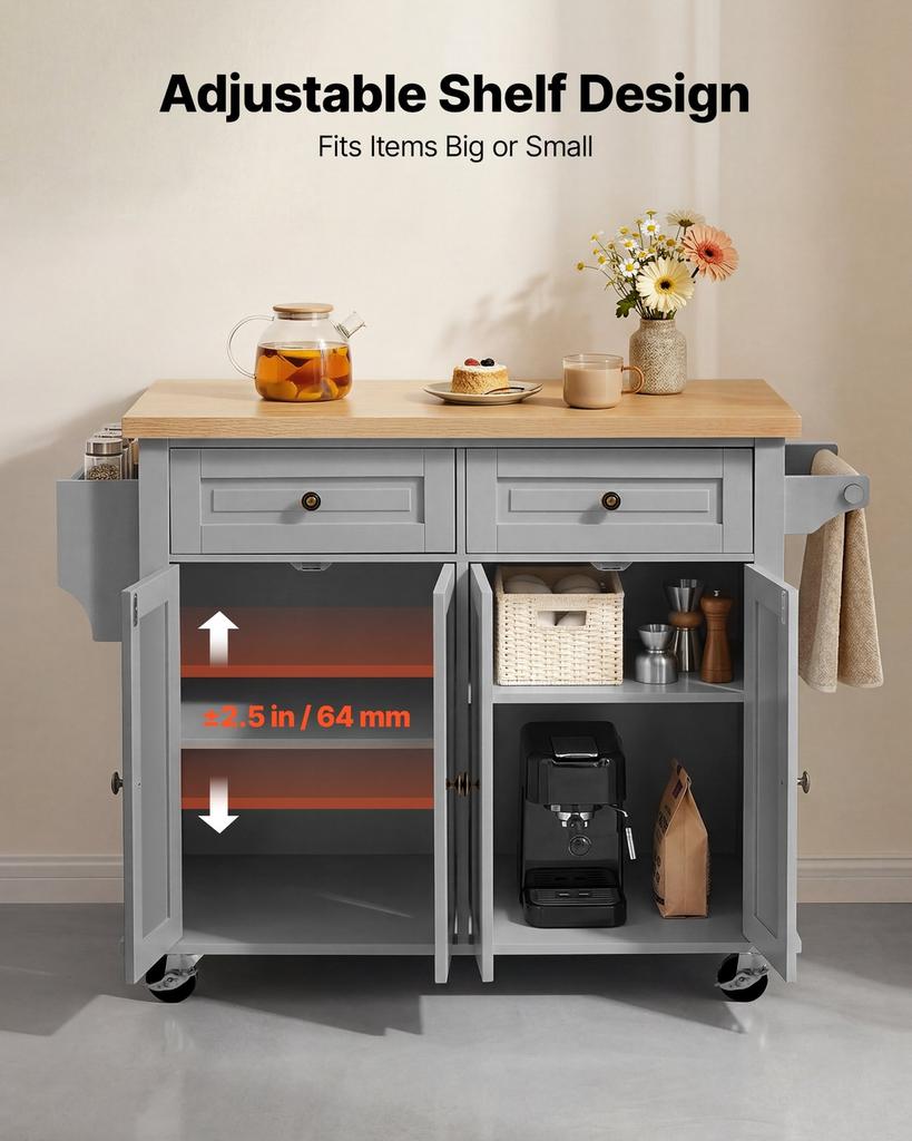 Kitchen Island Cart with Storage, 1110 mm Wide Mobile Rolling Storage Island on Swivel Wheels, with 2 Drawers, Storage Cabinet, Spice/Towel Rack,