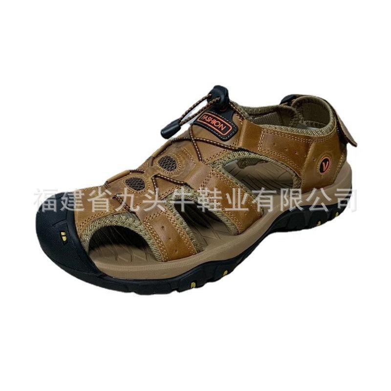 Summer Men's Large-size Sandals Outdoor Beach Shoes Velcro Bag Sandals Genuine Leather Head Layer Leather Breathable Casual Shoes