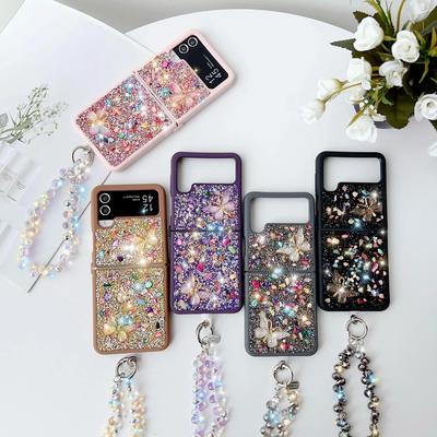 Luksusowe Damskie Etui Błyszczące na Telefon Dla Samsung Galaxy Z Flip 7 fe 6 5 4 3 Flip7 Flip6 5G Uroczy Błyszczący Kryształowy Kamień Pasek na Nadgarstek