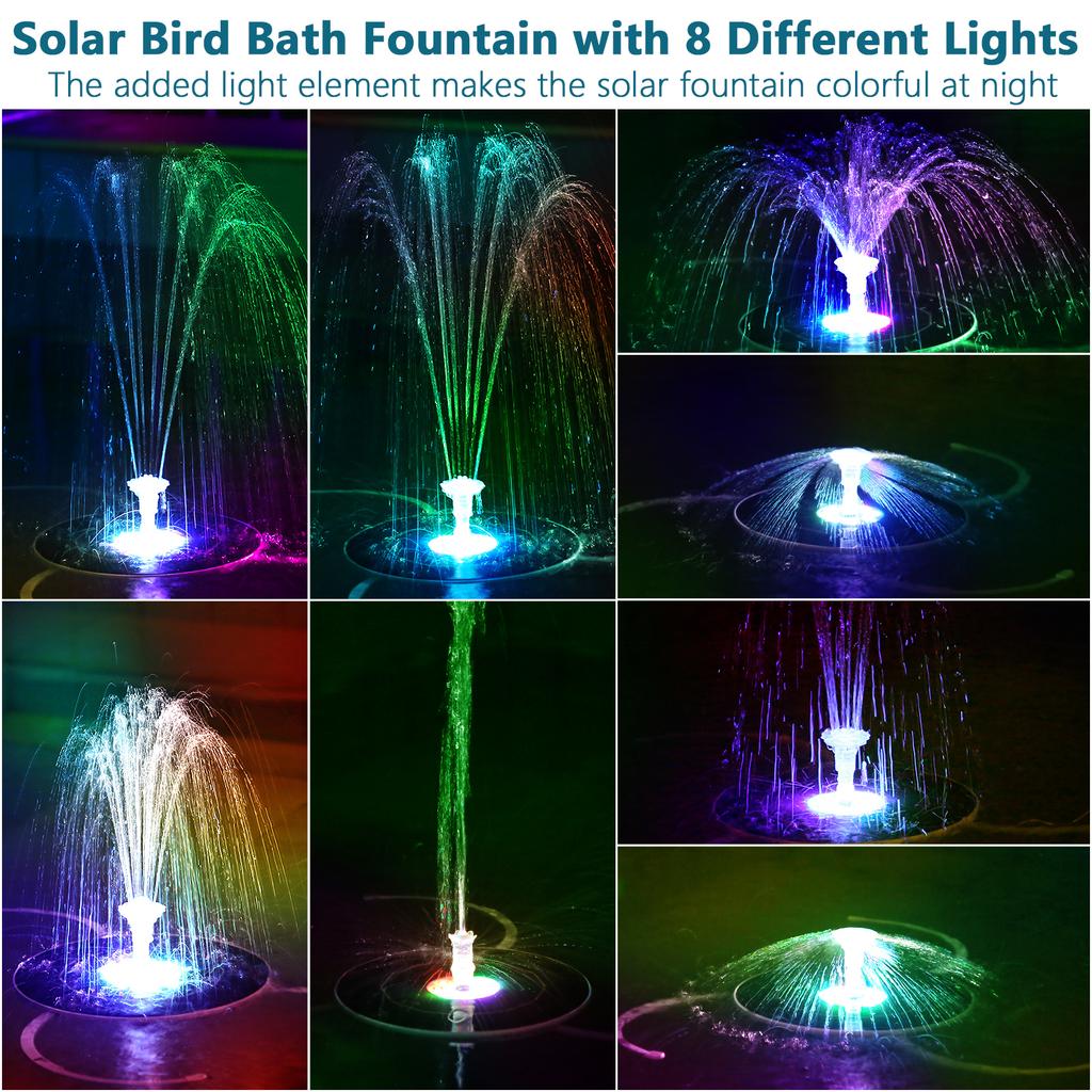6.5W Solar Fountain Pump Built-in 5000mAh Battery, Solar Powered Water Fountain Pump with LED Lights for Pond, Garden