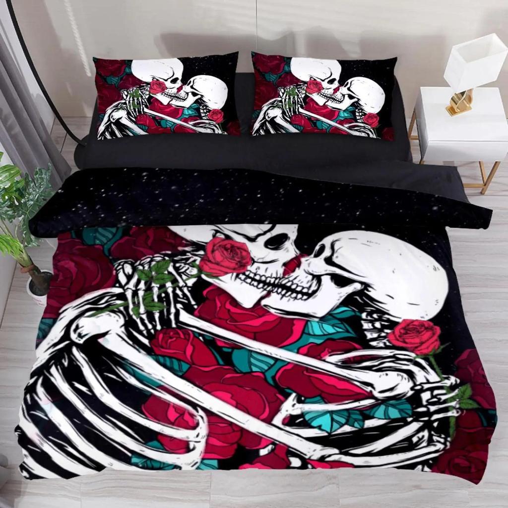 Skull Duvet Cover Set King, Skull Beauty Printed Duvet Cover Set Ride or Die Motor Bedding Set,Corner Tipes Gothic Skull Bedding