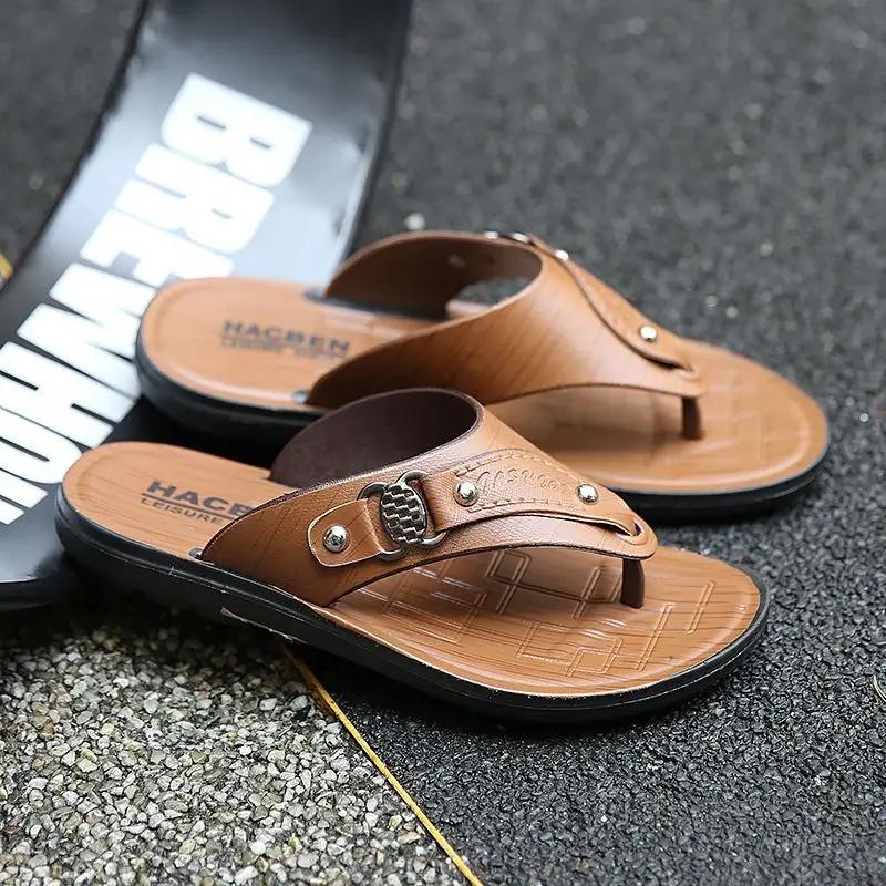 Business Men's Shoe Shiatsu Flat Leather Soft Sabot Outdoor Flip Flops Slides Cheap Shoes Liquidation 2026 Style Male Slipper