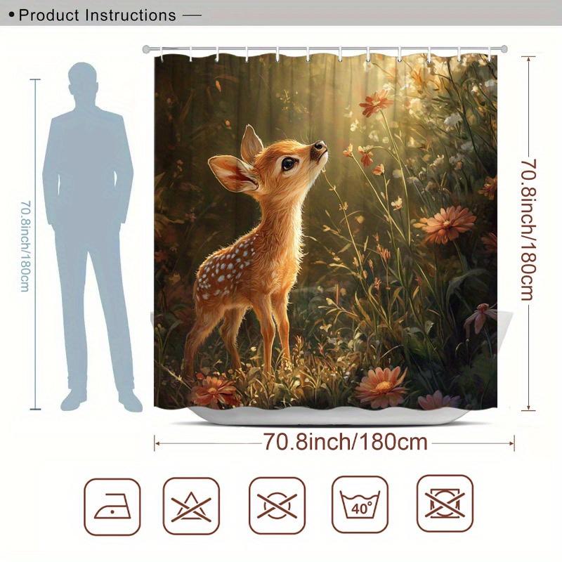 1 Stück Reh auf Wiese Duschvorhang - Kleines Reh, Lebendige Wildblumen, Sonnenbeschienener Wald, Polyester, 70,8x70,8 Zoll, 12 Haken, Waschbar