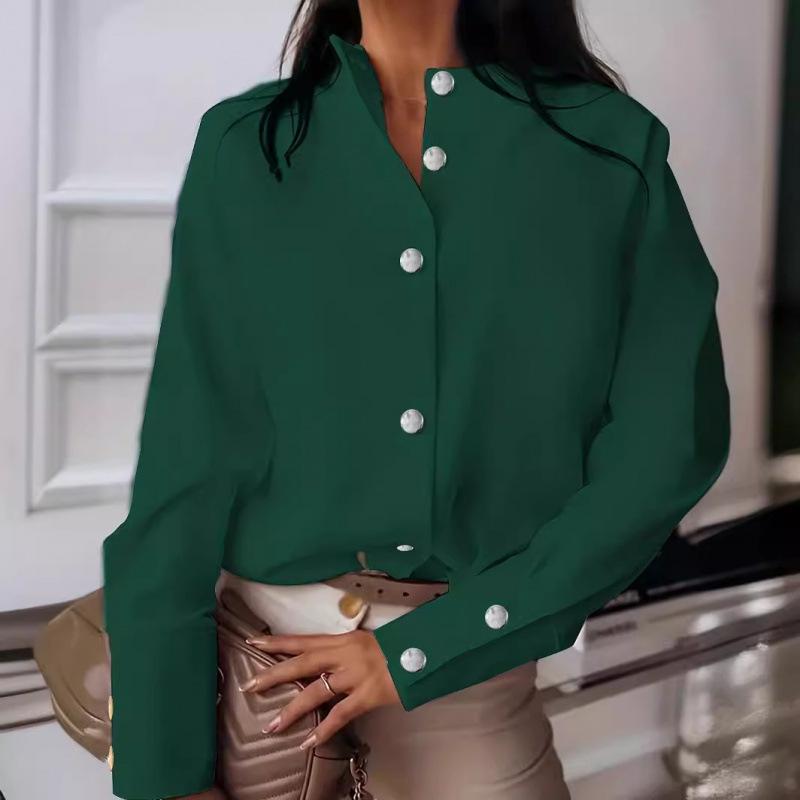 Women's Autumn Solid Color Metal Buckle Long-Sleeve Stand-Up Collar Shirt