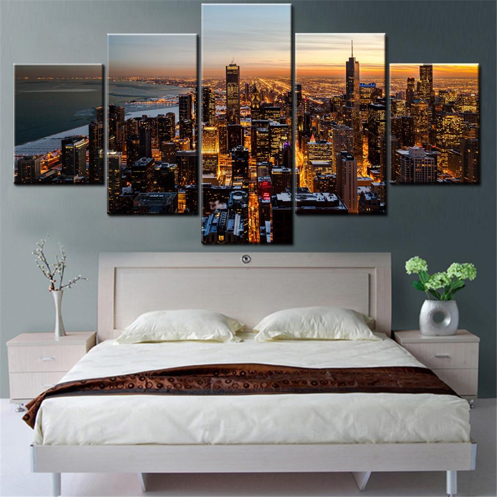 5 Pieces Canvas Wall Arts City Poster Painting World Chicago Downtown Wallpaper Home Decor Picture Printing Inteiror Artwork