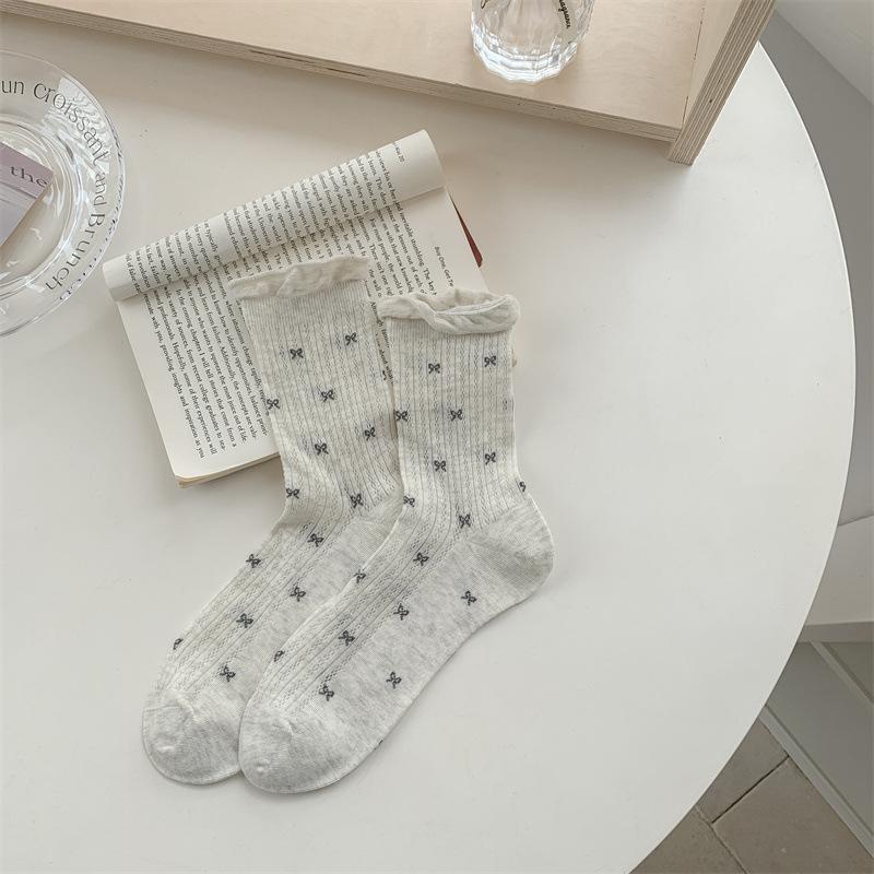Spring and Summer Socks for Women: Thin Combed Cotton Mid-calf Socks with Mesh, Black Ear Trim, Bow, Long Calf Pile Socks
