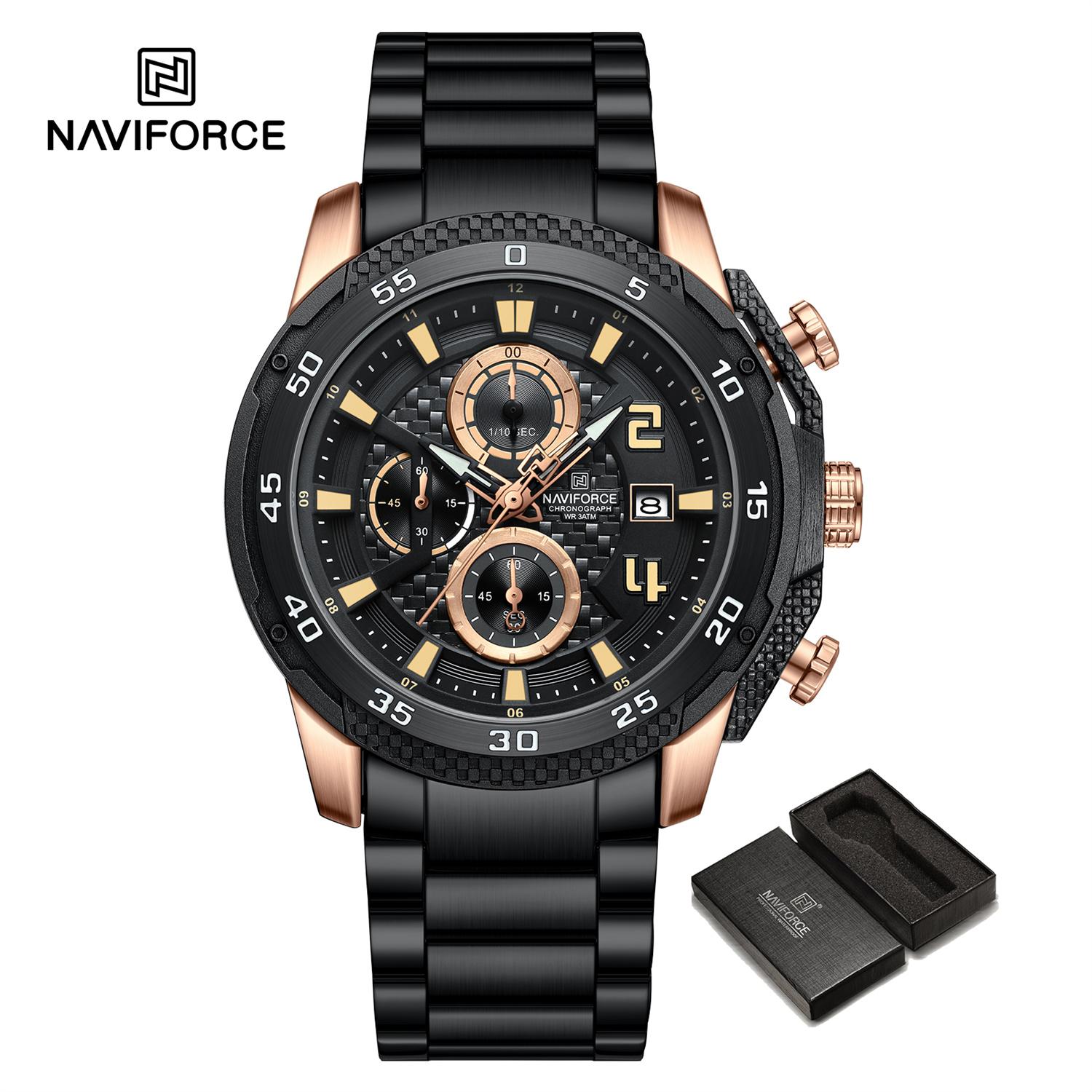 NAVIFORCE Мужские модные повседневные водонепроницаемые часы-хронограф из нержавеющей — фото 16