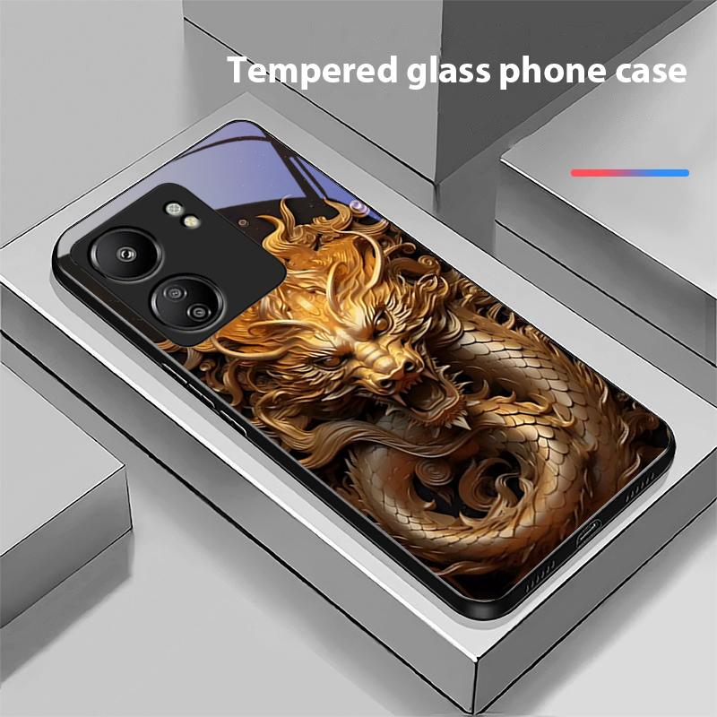 Chinesischer Winddrache Für Xiaomi Redmi 13C Note13 12 Pro Plus 5G Note 9 13T Pro POCO X6 F5 F6 Schwarze Handyhülle aus gehärtetem Glas