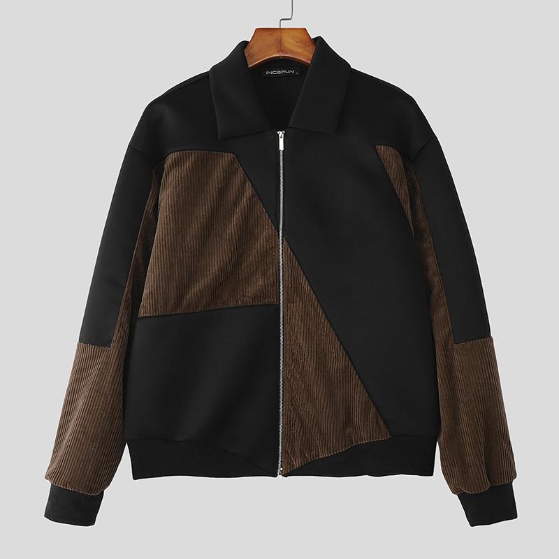 INCERUN Men Long Sleeve Zip-up Stitching Casual Corduroy Coats Jackets