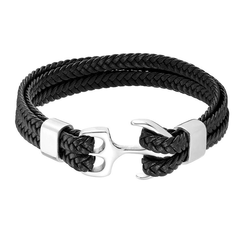 2026 Men's Titanium Steel Bracelet Black Cowhide Braided Anchor Leather Bracelet Leather Rope