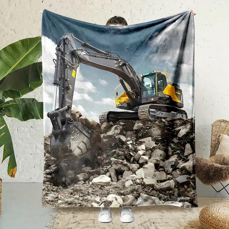 Yellow Excavator Pattern Flannel Blanket Suitable for Bedding, Office, Home, Camping, Warming, Sofa, Bed, Christmas Halloween