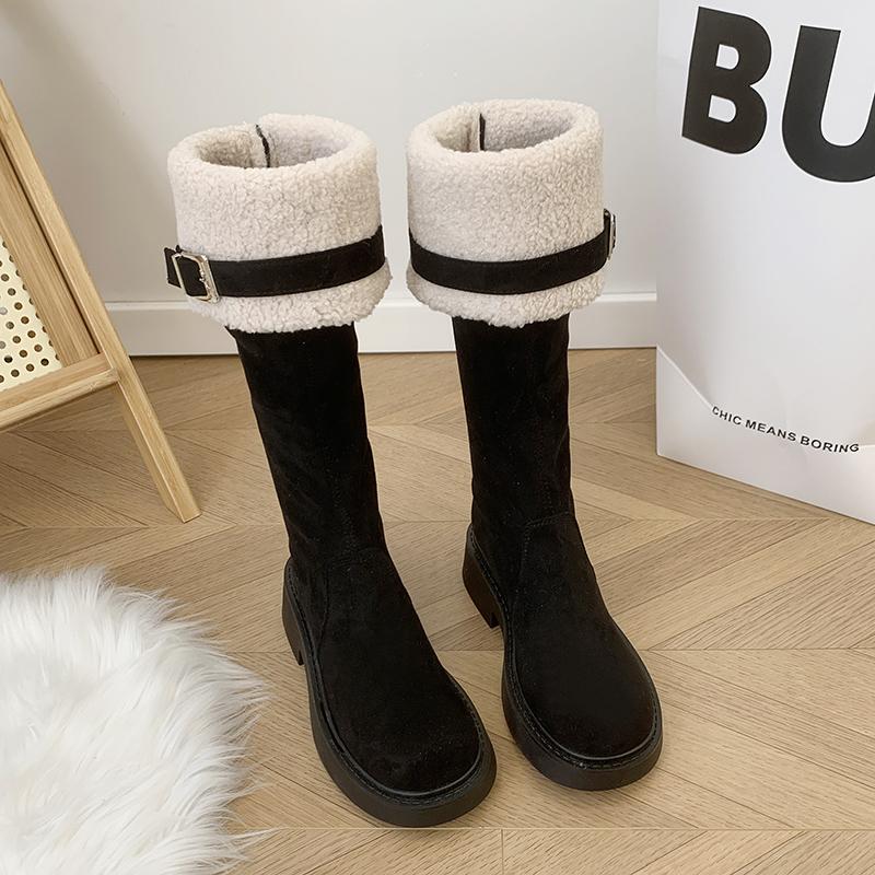 Mode Dicke Sohle Schneestiefel Damen Kunstfell Mode Overknee-Stiefel Neue Winter Warme Fellstiefel Gürtelschnalle Lässige Baumwollschuhe