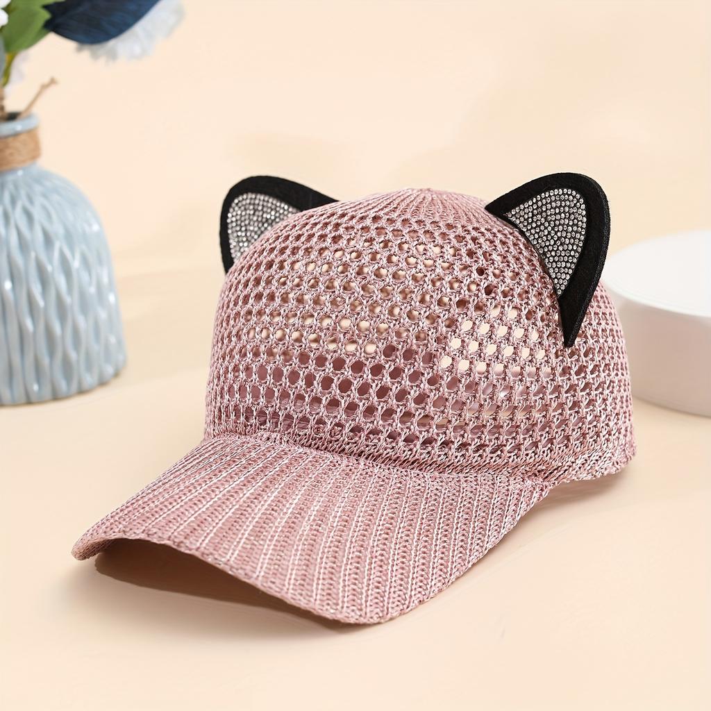 Mesh-Accent Cat-Ear Baseball Cap — Cute & Trendy Women's Summer Hat featuring a Lightweight, Breathable, and Openwork Design
