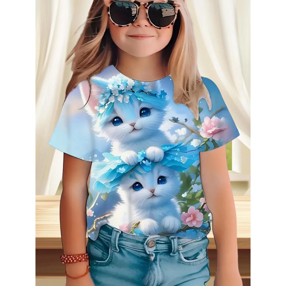 Children's Clothes Funny Cat Pattern 3D Print Summer Short Sleeve Tee Topstrendy Girl Clothes Round Neck Tops T-Shirts for Girls