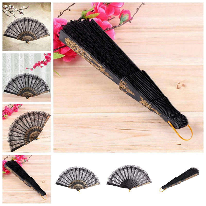 Black Spanish Style Dance Party Wedding Lace Silk Folding Hand Held Flower Fan