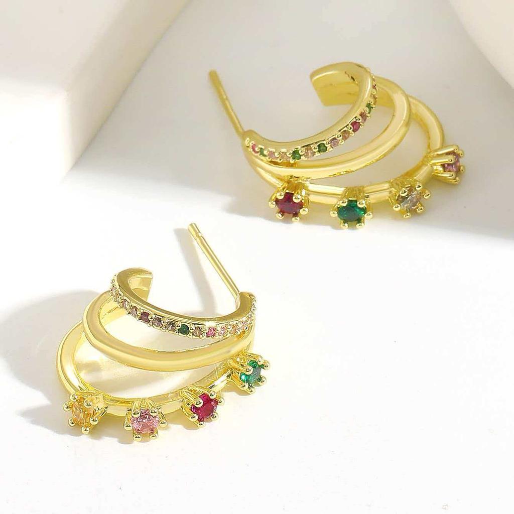 Exquisite zircon earrings with retro fashion and niche design, multi-layer C-shaped Ear studs