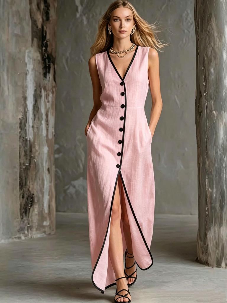 European and American new linen black edge contrasting color temperament single-breasted split-ended sleeveless holiday dress