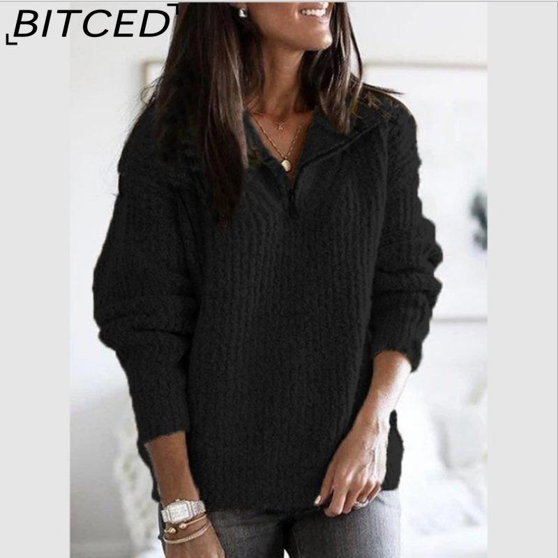 BITCED Women's Fashion Casual Solid Color Print Autumn Winter Long Sleeve Zip Collar Loose Sweaters