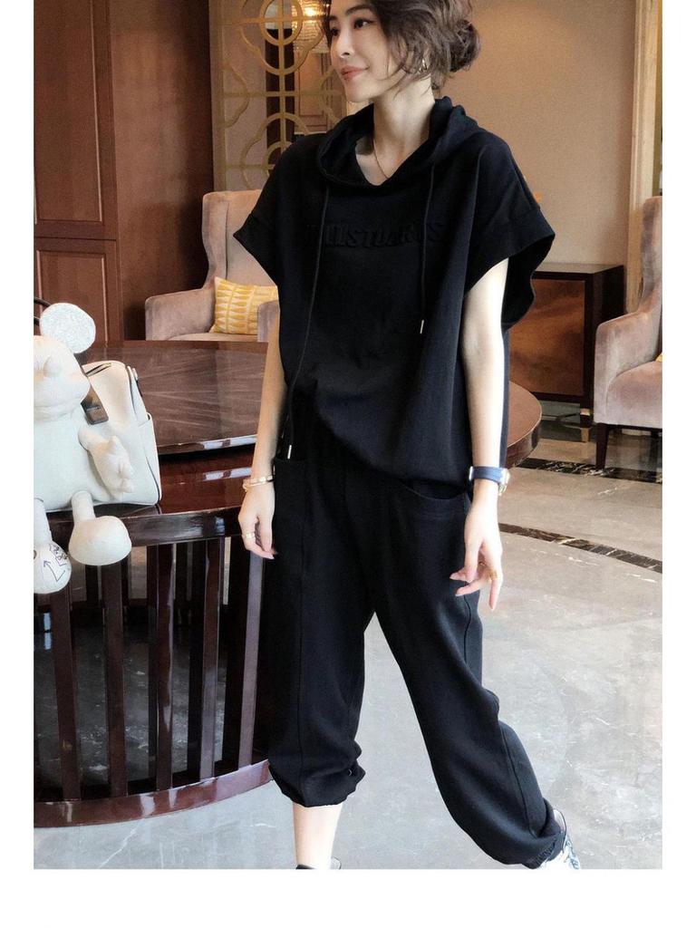Women's Korean Style Summer Hooded Short-Sleeve Sweater and Casual Harem Pants Two-Piece Set