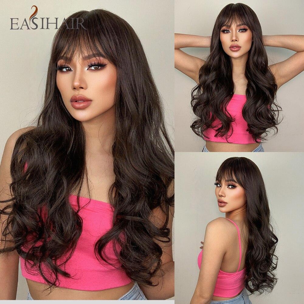 EASIHAIR Long Dark Brown Wavy Wigs with Bangs Natural Synthetic Wigs for Women Daily Cosplay Wigs Heat Resistant Fiber Wigs