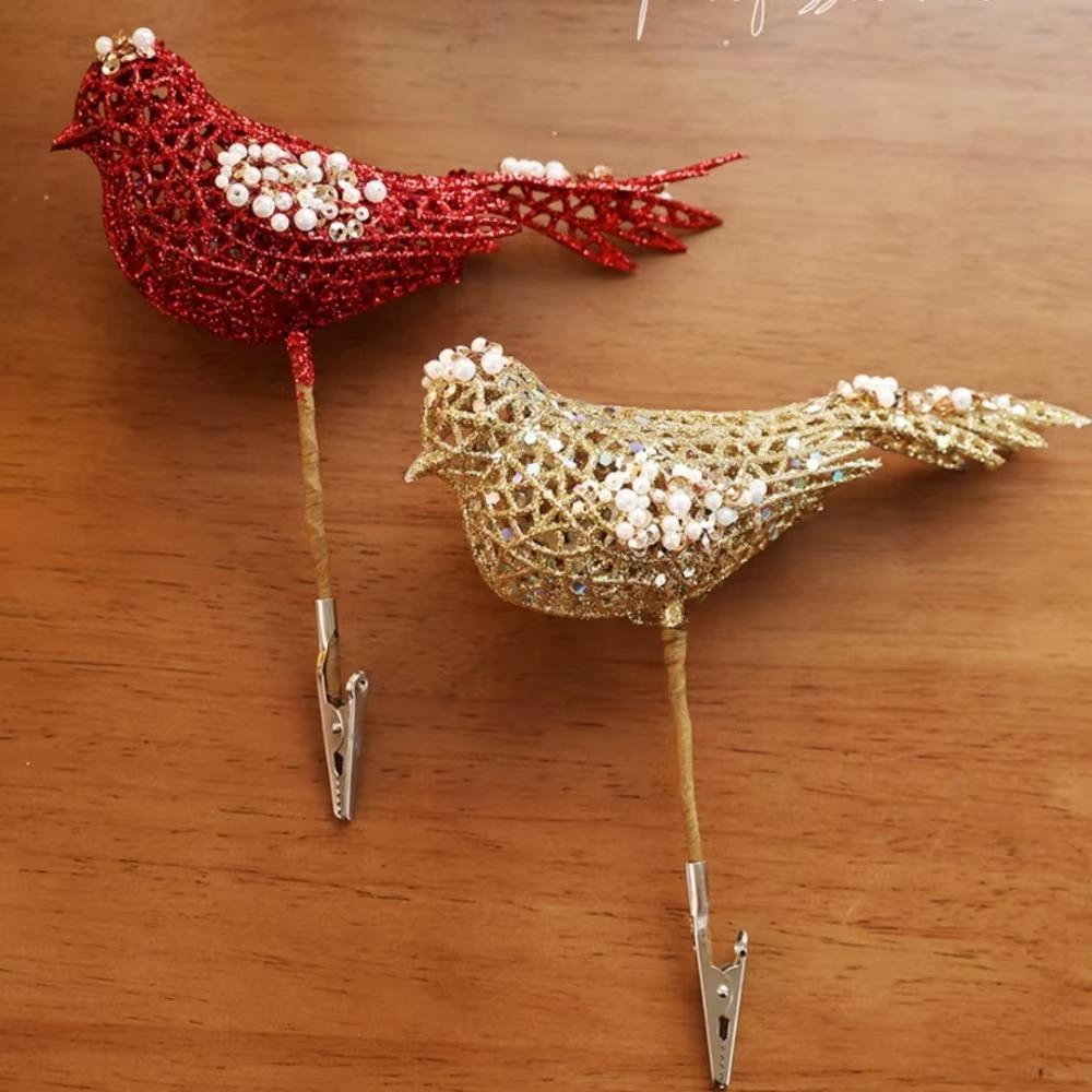 Foam Christmas Glitter Bird Clip with Sequins and Pearl Hollow Christmas Tree Hanging Bird Lightweight Clamp Fixed