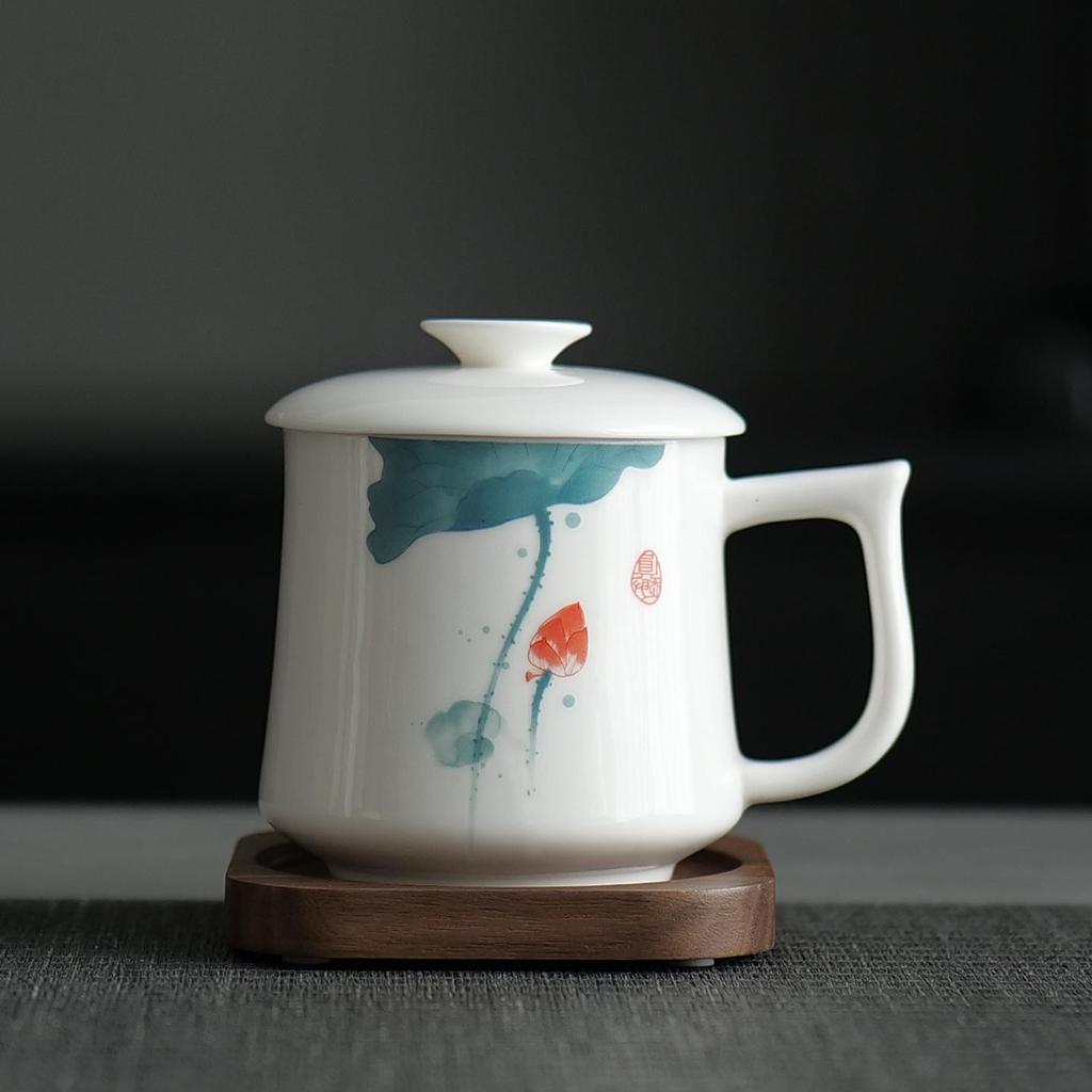 Jade Conference Sheep Fat Porcelain Tea Cup with Lid – White Ceramic Mug for Home and Office, Ideal Gift