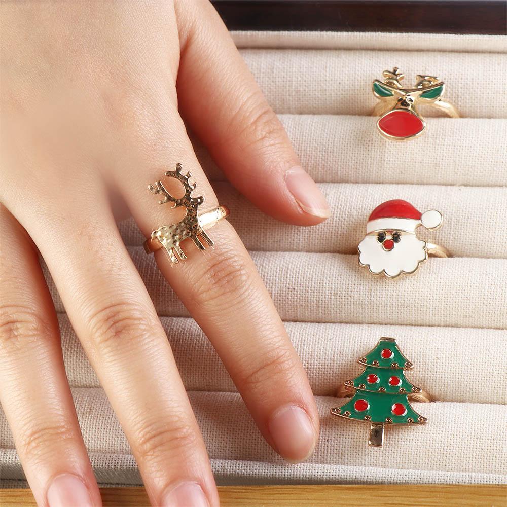 Christmas Tree Enamel Santa Claus Ring Dripping Oil Xmas Jewelry Ornaments  Friend
