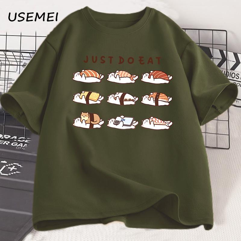 Vtipná kočičí sushi grafická trička Roztomilé kreslené bavlněné potištěné tričko Volné unisex kulatý výstřih Pánské oblečení Oversized Streetwear