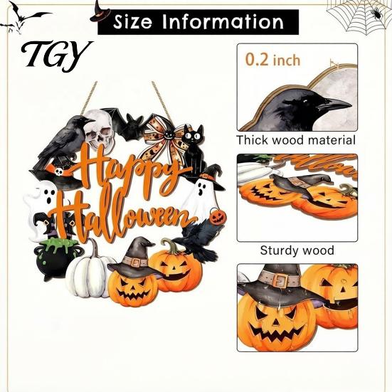 Fall Front Porch Signs Halloween Wooden Wreath Door Hanger Sign, Pumpkin Ghost Black Cat Witch Weatherproof Wall Decorations Bat Patterns, Hanging