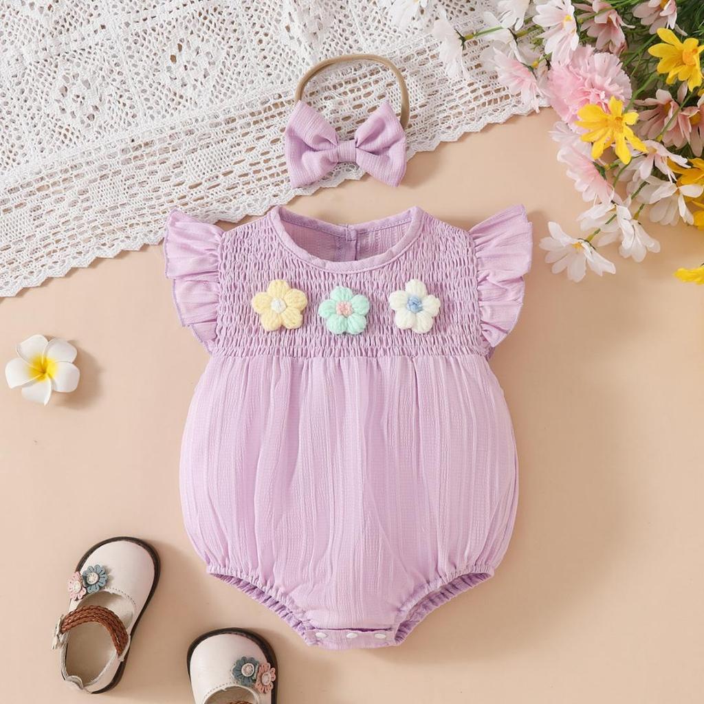 0-18M Neugeborenes Baby Mädchen Outfits Niedliche 3D Strick Blumen Sommerkleidung Säugling Fliegenärmel Bubble Strampler Stirnband Kleidung