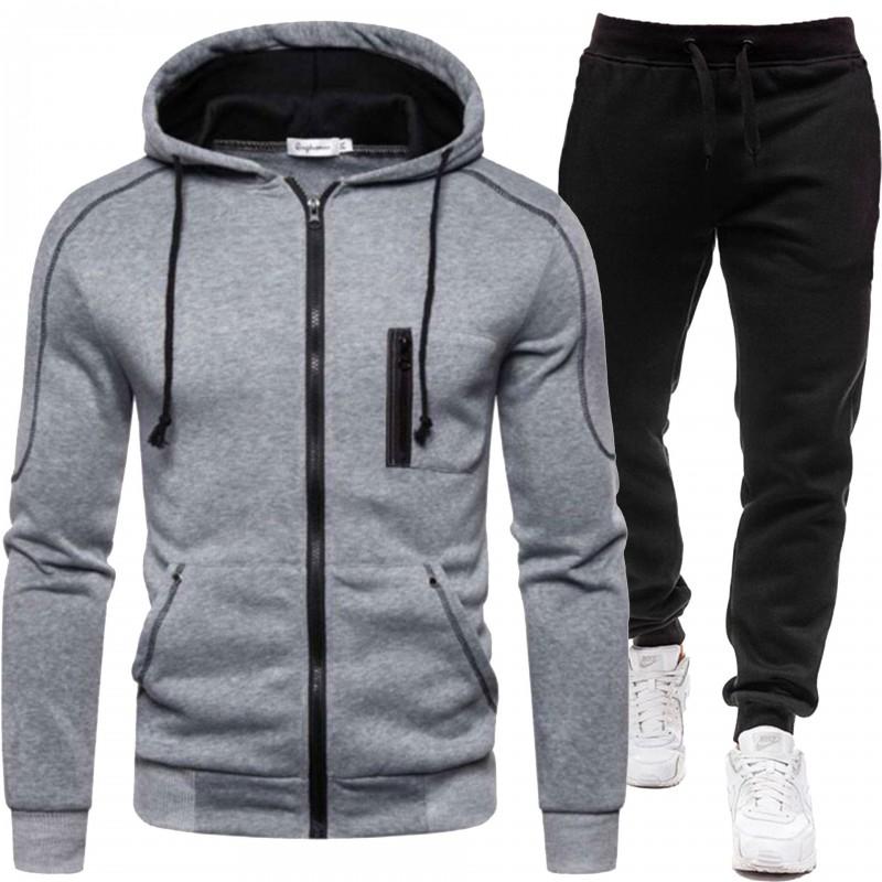 Mens Hooded Sweatshirt Set Casual Two-Piece Outfit Loose Fit Fleece-Lined Winter Sportswear