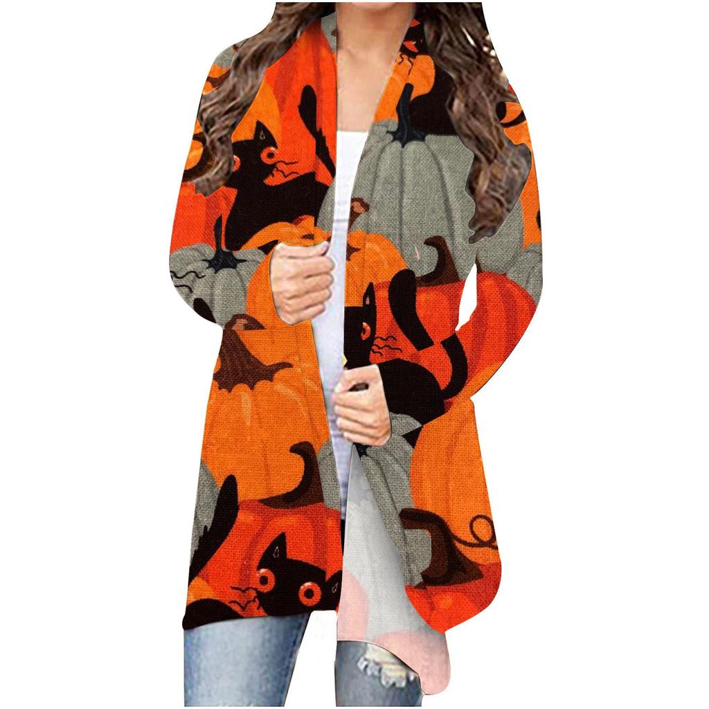 Women's Fashion Casual 2022 Halloween Print Medium Length Cardigan Jacket Coat