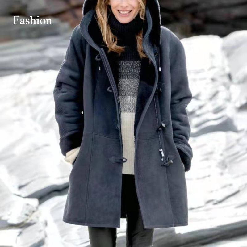 2026 Winter Simple Original Style Coat Solid Color Casual Button Cardigan Warm Medium Long Hooded Women's Coat
