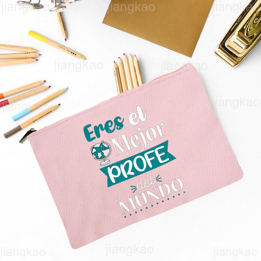 Best Teacher In The Word Spanish Print Pencil Bag School Stationery Supplies Storage Bags Travel Makeup Bag Toiletry Pouch Gifts