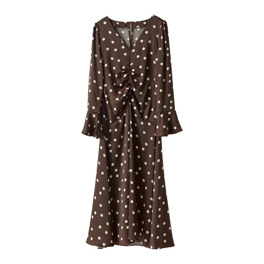 Vestido de manga larga de lunares, nuevo vestido de verano europeo y americano para mujer, plisado, cuello en V, manga acampanada, cintura ajustada