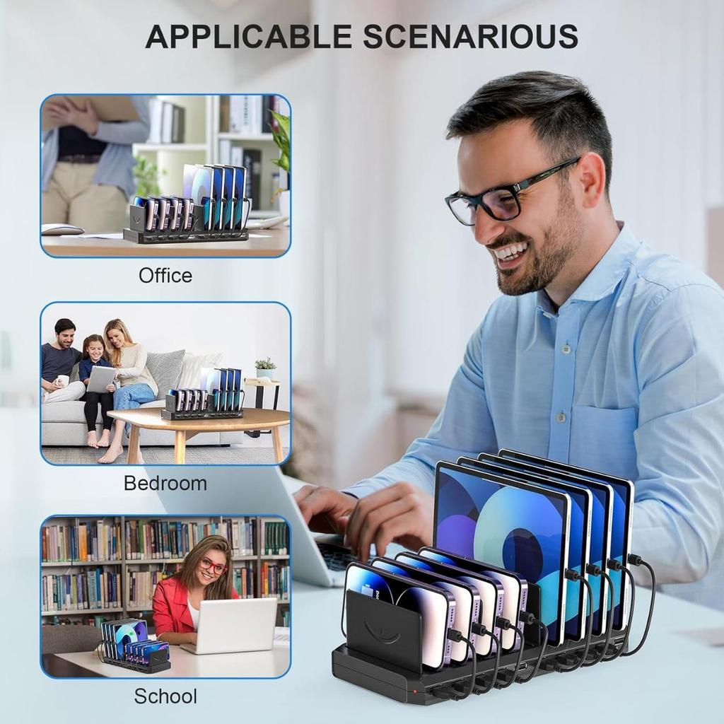 10-Slot USB Charger & Desktop Organizer with Type-C for Tablets & Phones