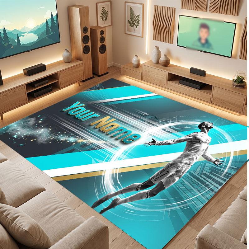 Cristiano Ronaldo Custom Crystal Velvet Rug, Personalized Name Text Print, Football Logo Soft Non‑Slip Floor Mat Home Decor Gift